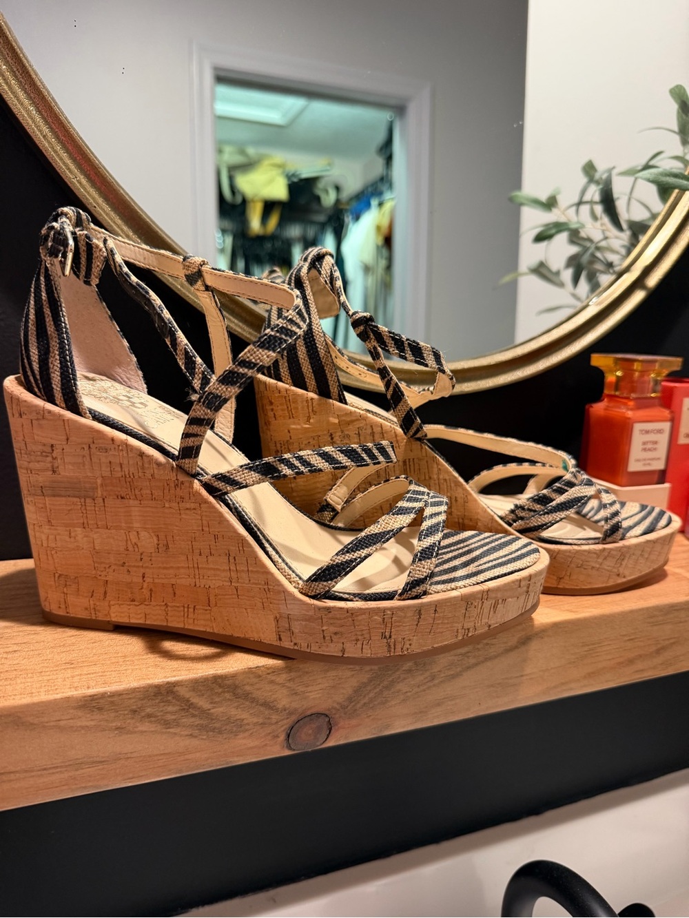 Vince Camuto Black & Tan Striped Cork Wedge Sandals